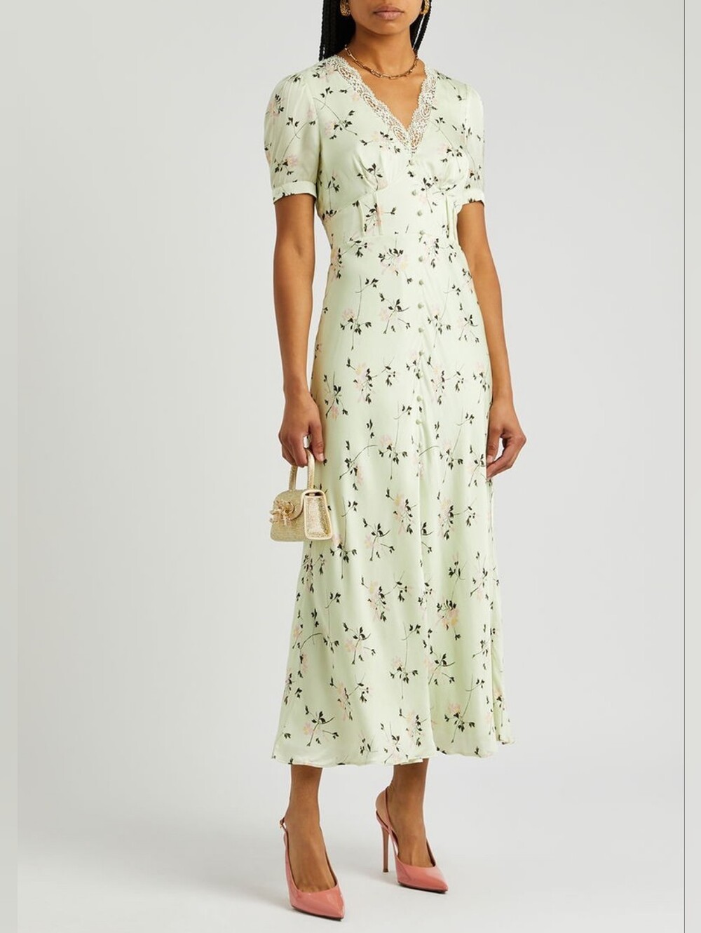 Self-Portrait Mint Green Floral Print Satin Midi Dress Size 2